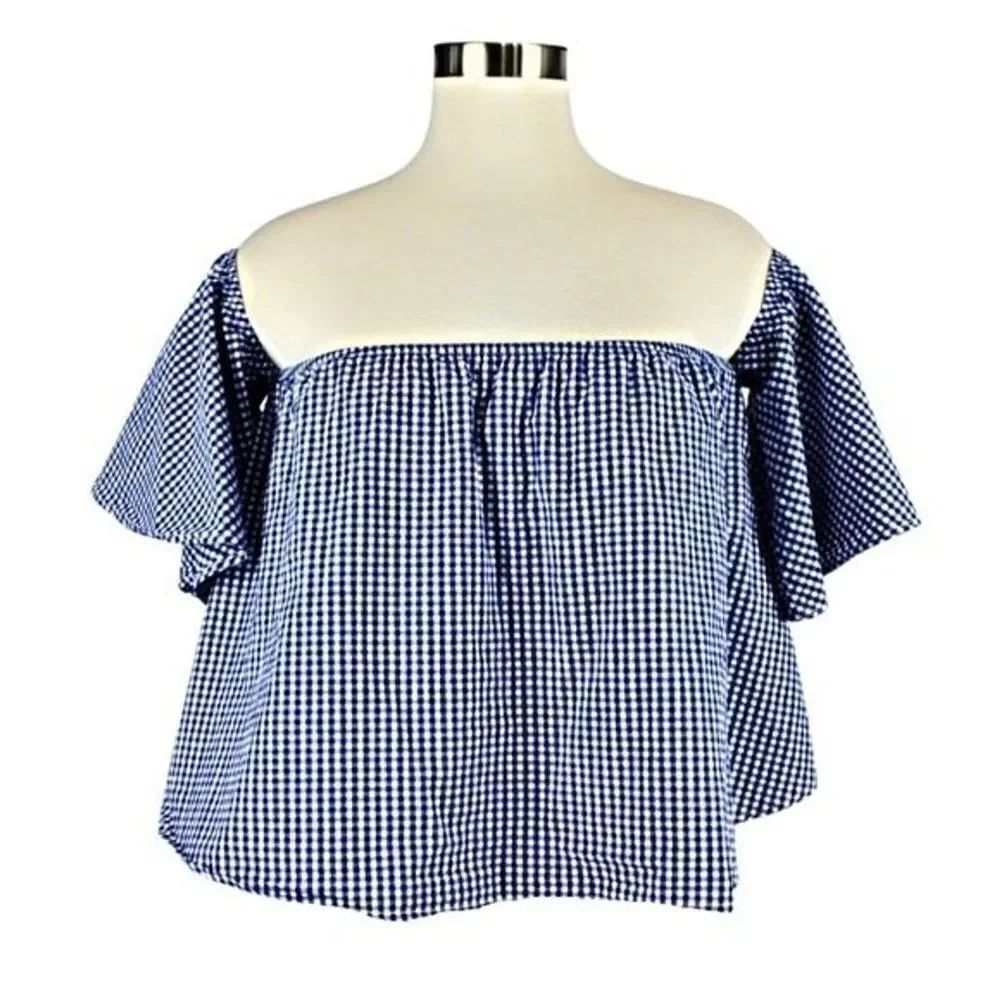 Top Off Shoulder Flutter Sleeve Cropped Waist Elastic Neckline Gingham Blue SM